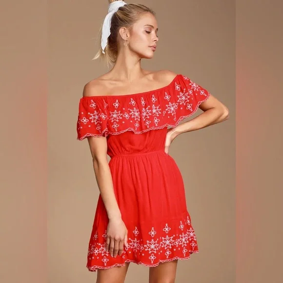 Lulus | Dresses | Lulus Layla Red Ruffle Embroidered Skater Dress | Poshmark